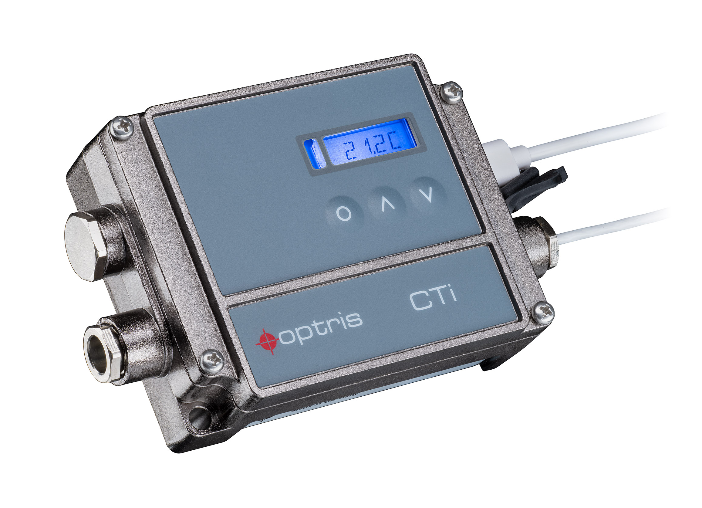 Side view of Optris CTi electronics box with USB cable connected.