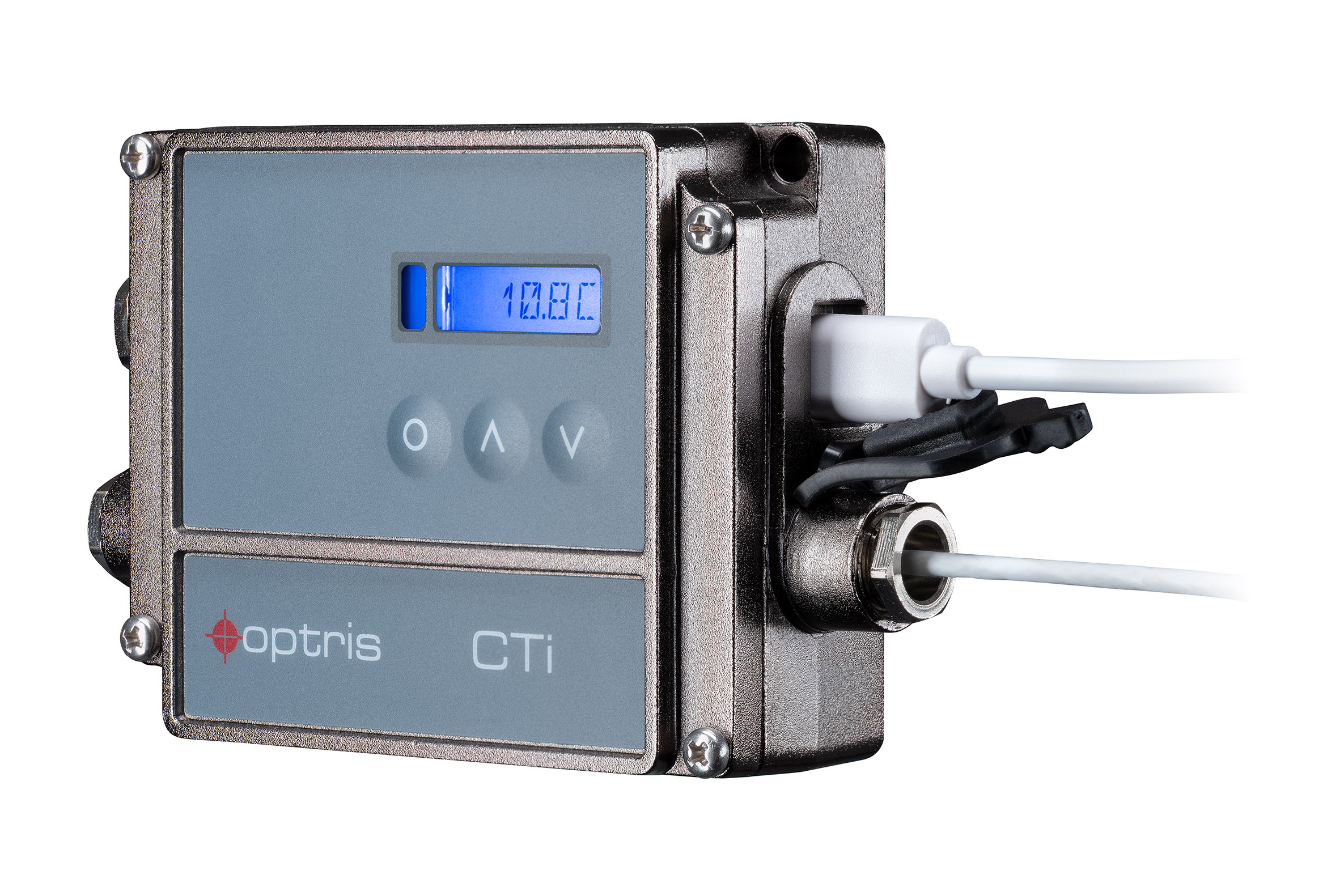 Side view of Optris CTi electronics box with USB cable connected.